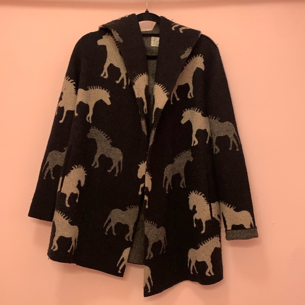 Anthropologie Black and Tan Horse Pattern Hooded Cardigan